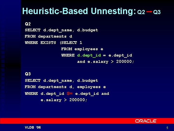 Heuristic-Based Unnesting: Q 2 Q 3 Q 2 SELECT d. dept_name, d. budget FROM