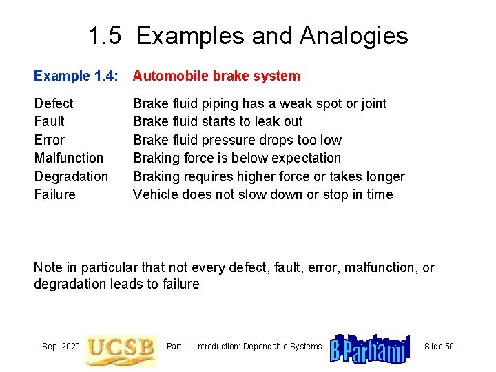 1. 5 Examples and Analogies Example 1. 4: Automobile brake system Defect Fault Error