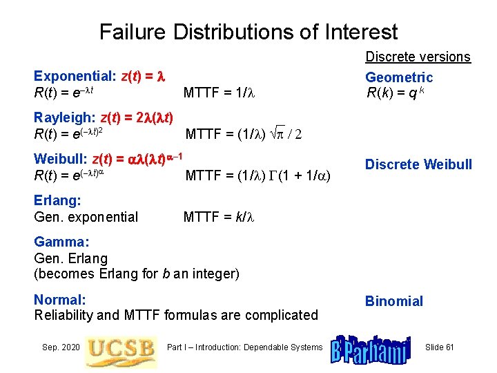 Failure Distributions of Interest Exponential: z(t) = l R(t) = e–lt MTTF = 1/l