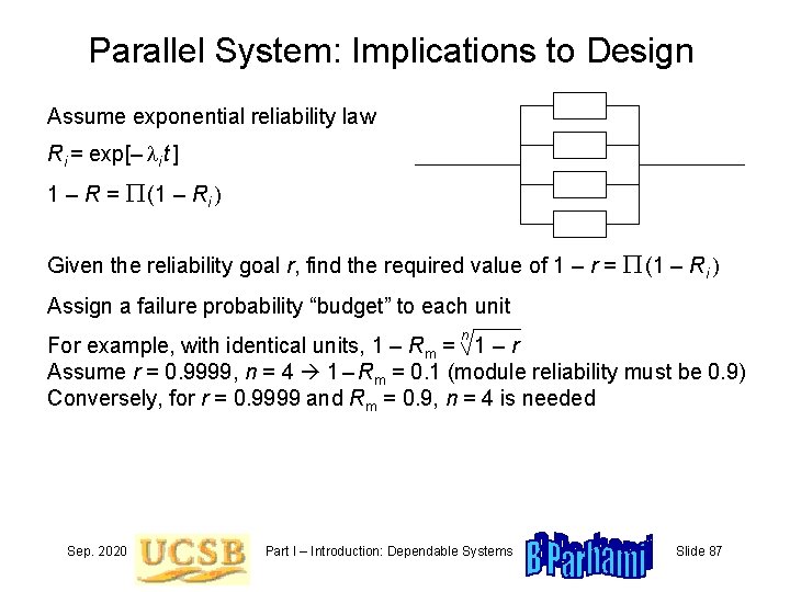 Parallel System: Implications to Design Assume exponential reliability law Ri = exp[– li t