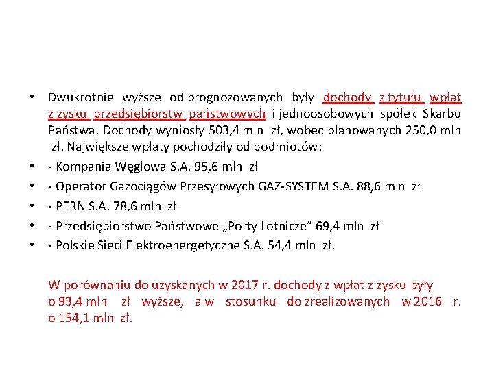  • Dwukrotnie wyższe od prognozowanych były dochody z tytułu wpłat z zysku przedsiębiorstw