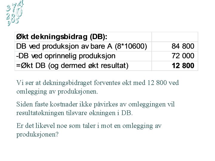 Vi ser at dekningsbidraget forventes økt med 12 800 ved omlegging av produksjonen. Siden