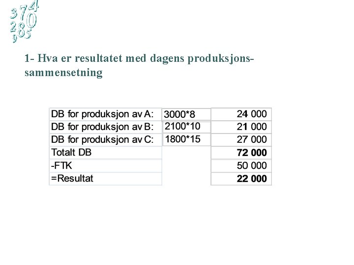 1 - Hva er resultatet med dagens produksjonssammensetning 