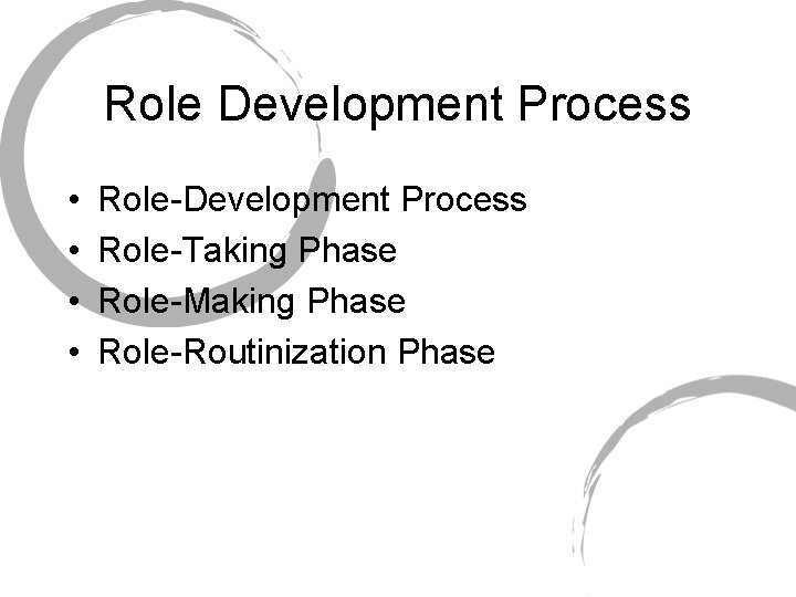Role Development Process • • Role-Development Process Role-Taking Phase Role-Making Phase Role-Routinization Phase 