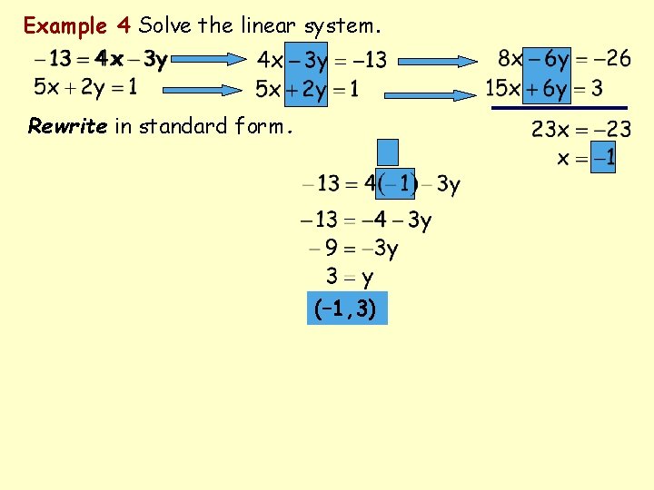 Example 4 Solve the linear system. Rewrite in standard form. (– 1, 3) 