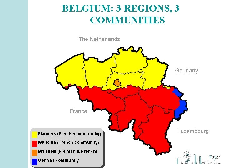 BELGIUM: 3 REGIONS, 3 COMMUNITIES The Netherlands Germany France Flanders (Flemish community) Luxembourg Wallonia