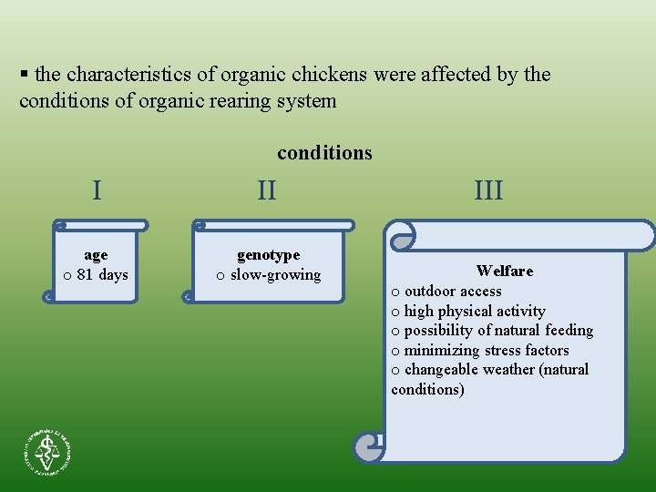 § the characteristics of organic chickens were affected by the conditions of organic rearing § the characteristics of organic chickens were affected by the conditions of organic rearing