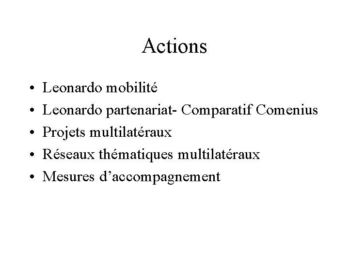 Actions • • • Leonardo mobilité Leonardo partenariat- Comparatif Comenius Projets multilatéraux Réseaux thématiques