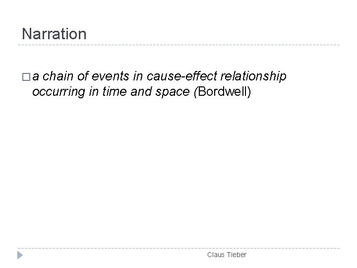 Narration �a chain of events in cause-effect relationship occurring in time and space (Bordwell)