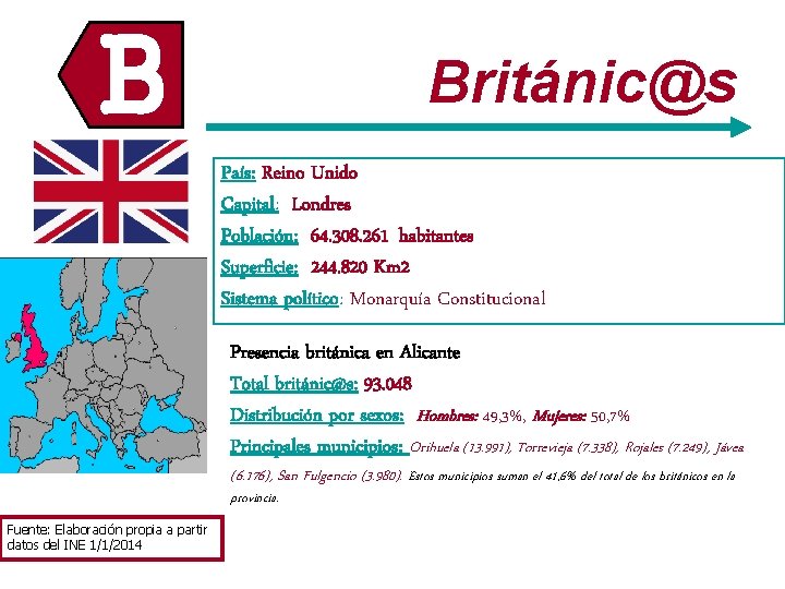 B Británic@s País: Reino Unido Capital: Londres Población: 64. 308. 261 habitantes Superficie: 244.