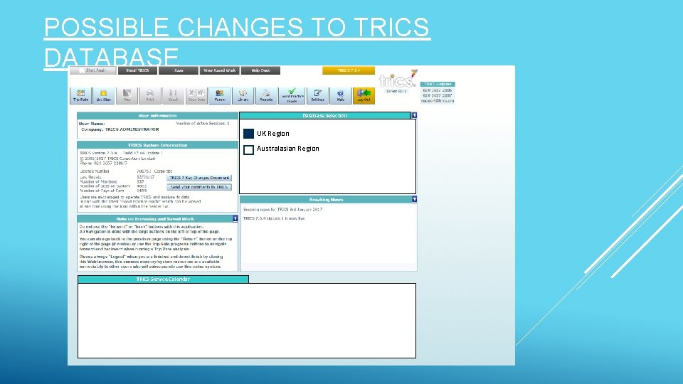 POSSIBLE CHANGES TO TRICS DATABASE Database Selection UK Region Australasian Region TRICS Service Calendar