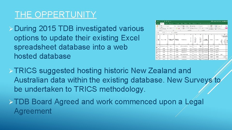 THE OPPERTUNITY Ø During 2015 TDB investigated various options to update their existing Excel