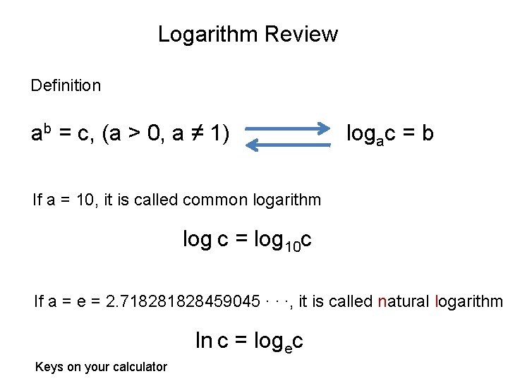 Logarithm Review Definition ab = c, (a > 0, a ≠ 1) logac =