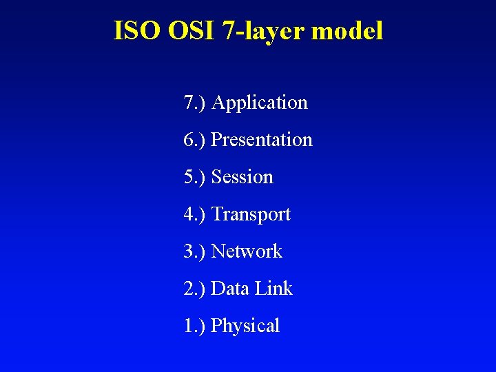 ISO OSI 7 -layer model 7. ) Application 6. ) Presentation 5. ) Session