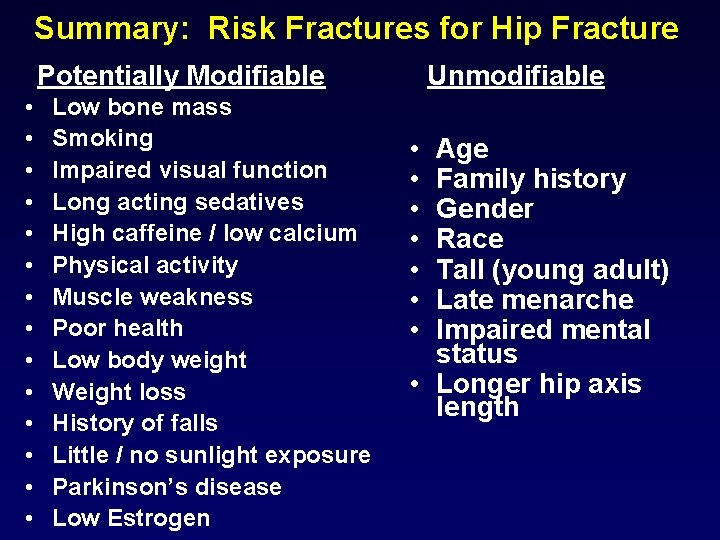 Summary: Risk Fractures for Hip Fracture Potentially Modifiable • • • • Low bone