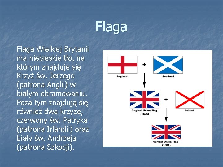 Flaga Wielkiej Brytanii ma niebieskie tło, na którym znajduje się Krzyż św. Jerzego (patrona