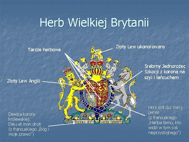 Herb Wielkiej Brytanii Tarcze herbowe Złoty Lew Anglii Dewiza korony królewskiej: Dieu et mon