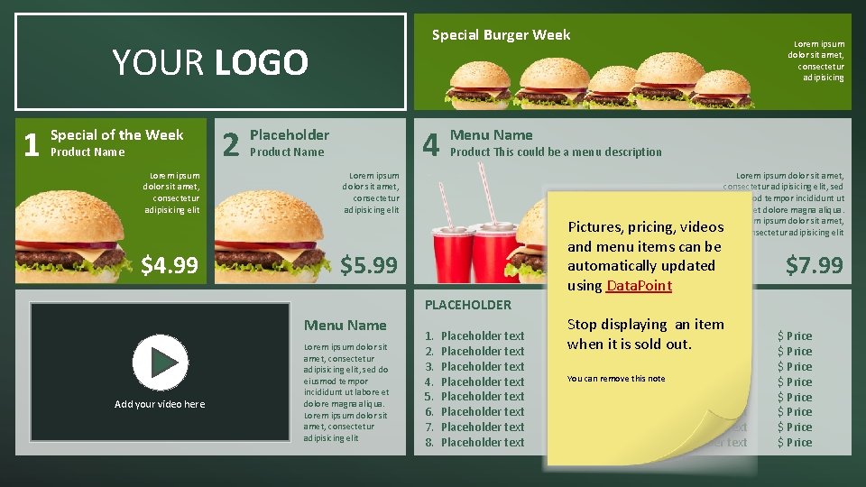 Special Burger Week YOUR LOGO 1 Special of the Week Product Name Lorem ipsum