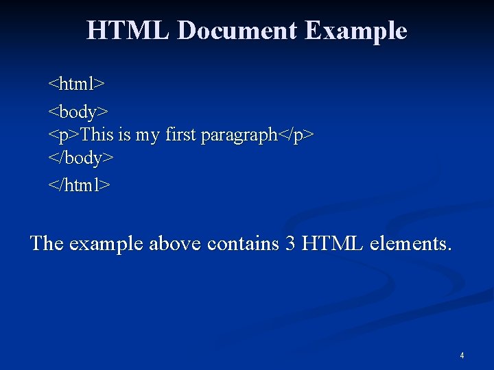 HTML Document Example <html> <body> <p>This is my first paragraph</p> </body> </html> The example