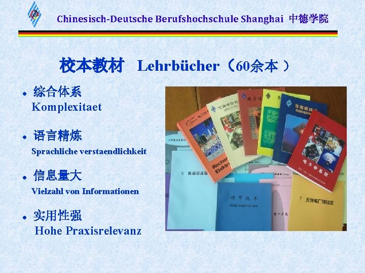 Chinesisch-Deutsche Berufshochschule Shanghai 中德学院 校本教材 Lehrbücher（60余本 ） l l 综合体系 Komplexitaet 语言精炼 Sprachliche verstaendlichkeit
