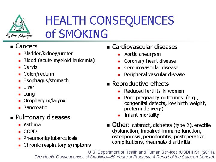 HEALTH CONSEQUENCES of SMOKING n Cancers n n n n n Bladder/kidney/ureter Blood (acute