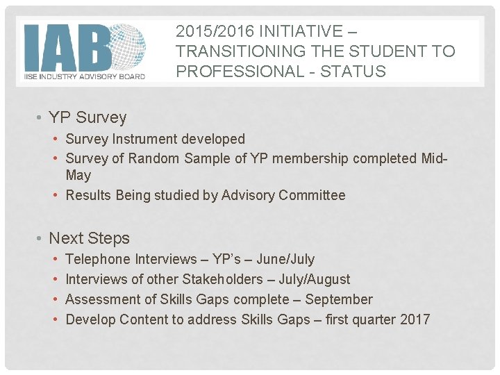 2015/2016 INITIATIVE – TRANSITIONING THE STUDENT TO PROFESSIONAL - STATUS • YP Survey •