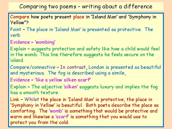 Comparing two poems – writing about a difference Compare how poets present place in