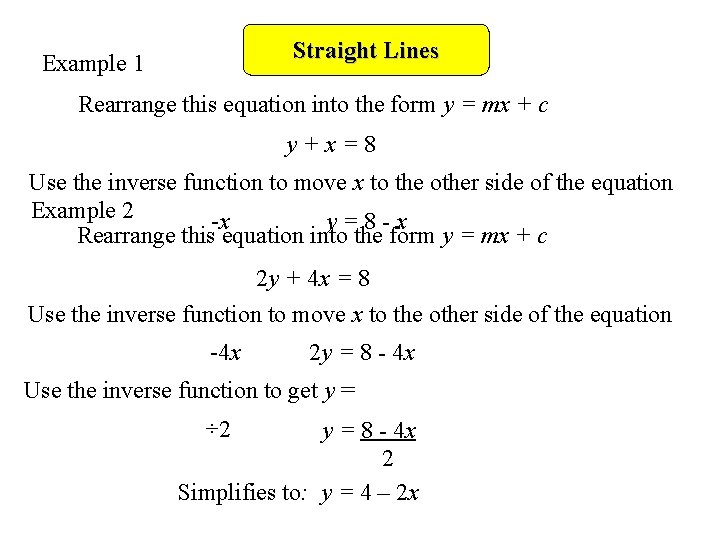 Straight Lines Example 1 Rearrange this equation into the form y = mx +