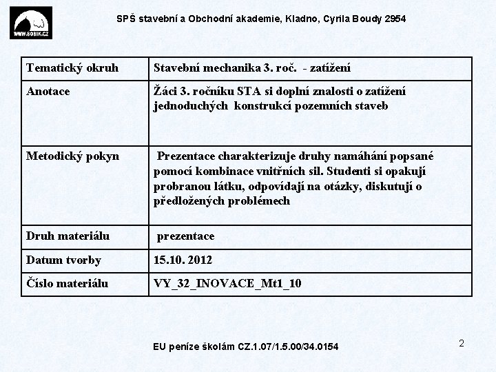 SPŠ stavební a Obchodní akademie, Kladno, Cyrila Boudy 2954 Tematický okruh Stavební mechanika 3.