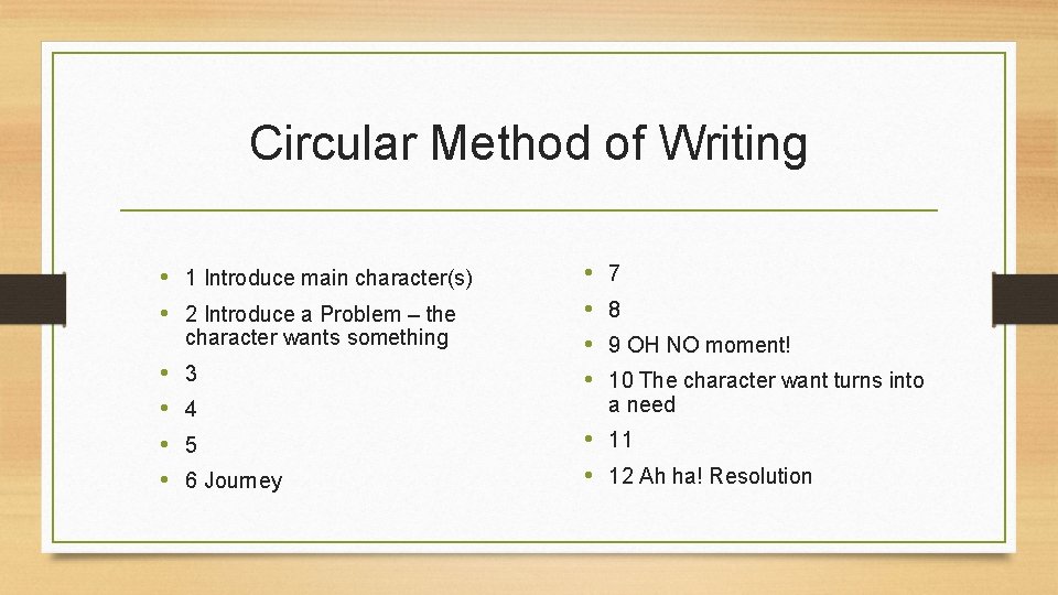 Circular Method of Writing • 1 Introduce main character(s) • 2 Introduce a Problem Circular Method of Writing • 1 Introduce main character(s) • 2 Introduce a Problem