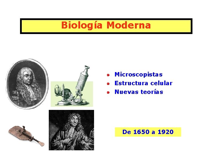 Biología Moderna Microscopistas Estructura celular Nuevas teorías De 1650 a 1920 8 