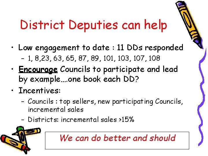 District Deputies can help • Low engagement to date : 11 DDs responded –