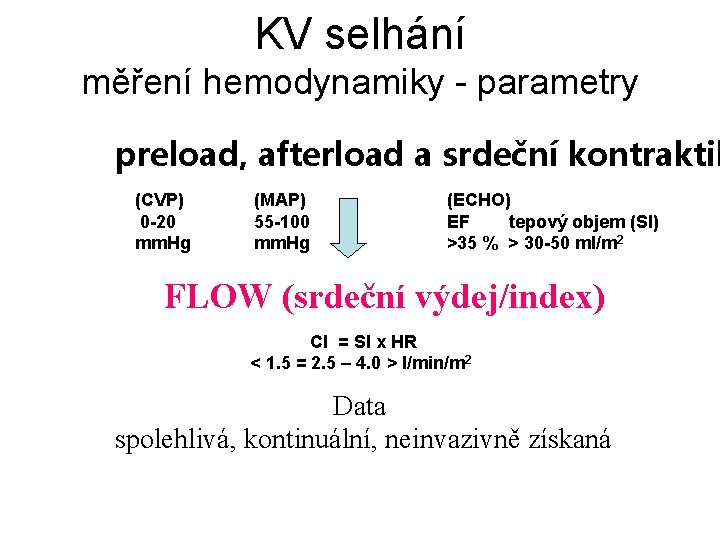 KV selhání měření hemodynamiky - parametry preload, afterload a srdeční kontraktil (CVP) 0 -20