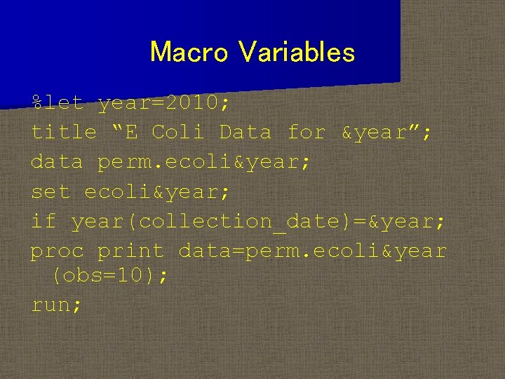 Macro Variables %let year=2010; title “E Coli Data for &year”; data perm. ecoli&year; set