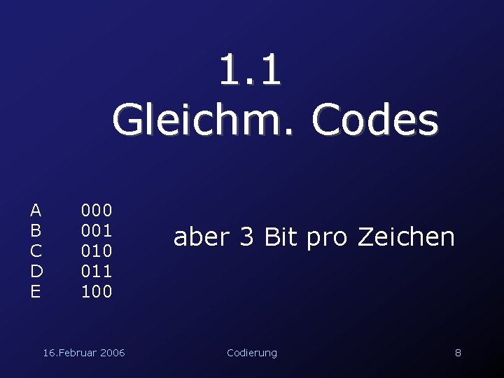 1. 1 Gleichm. Codes A B C D E 000 001 010 011 100