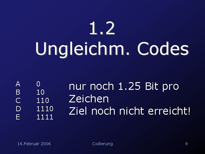 1. 2 Ungleichm. Codes A B C D E 0 10 1110 1111 16.