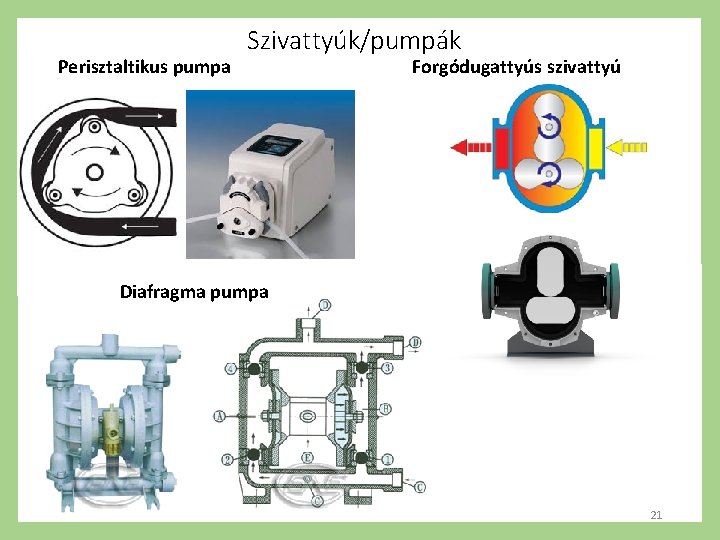 Perisztaltikus pumpa Szivattyúk/pumpák Forgódugattyús szivattyú Diafragma pumpa 21 