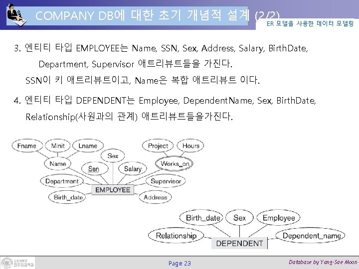 COMPANY DB에 대한 초기 개념적 설계 (2/2) ER 모델을 사용한 데이터 모델링 3. 엔티티