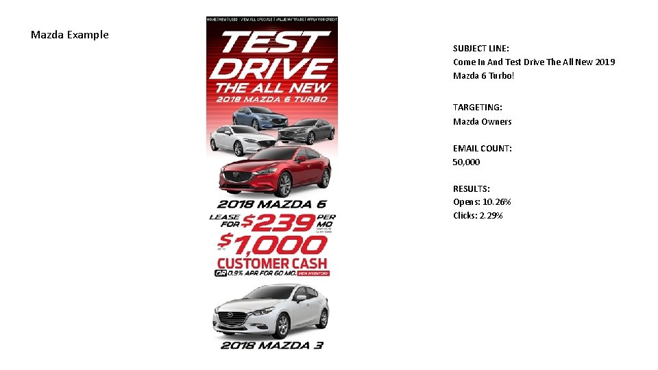 Mazda Example SUBJECT LINE: Come In And Test Drive The All New 2019 Mazda