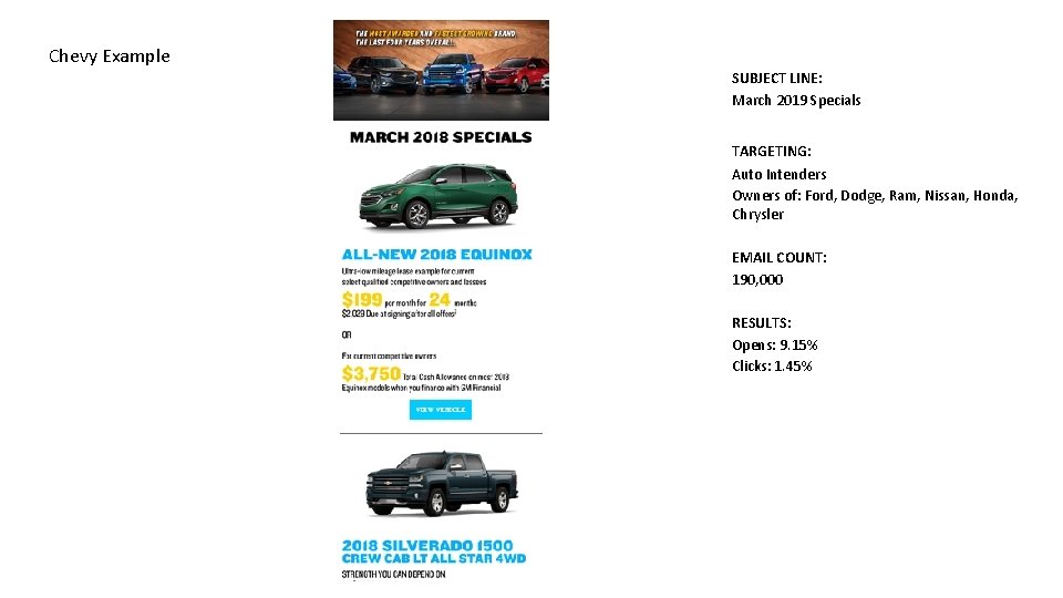 Chevy Example SUBJECT LINE: March 2019 Specials TARGETING: Auto Intenders Owners of: Ford, Dodge,