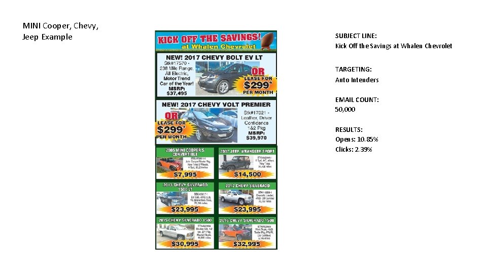 MINI Cooper, Chevy, Jeep Example SUBJECT LINE: Kick Off the Savings at Whalen Chevrolet