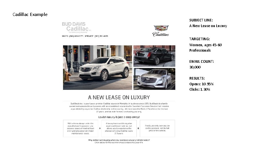 Cadillac Example SUBJECT LINE: A New Lease on Luxury TARGETING: Women, ages 45 -60