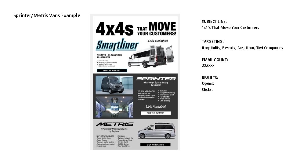 Sprinter/Metris Vans Example SUBJECT LINE: 4 x 4’s That Move Your Customers TARGETING: Hospitality,