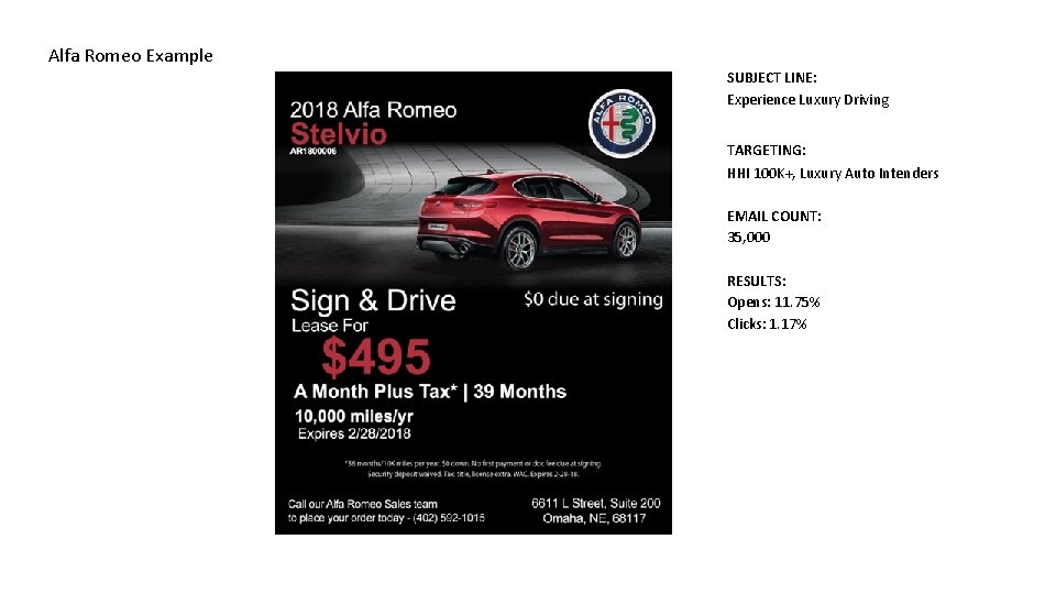 Alfa Romeo Example SUBJECT LINE: Experience Luxury Driving TARGETING: HHI 100 K+, Luxury Auto