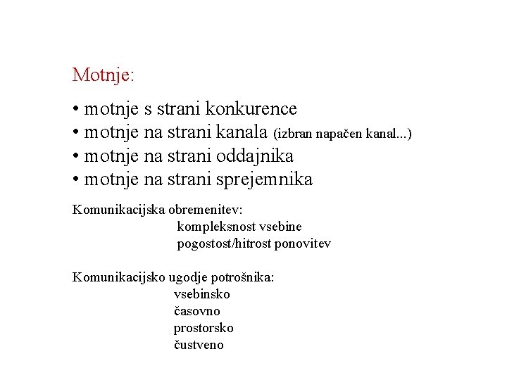 Motnje: • motnje s strani konkurence • motnje na strani kanala (izbran napačen kanal.