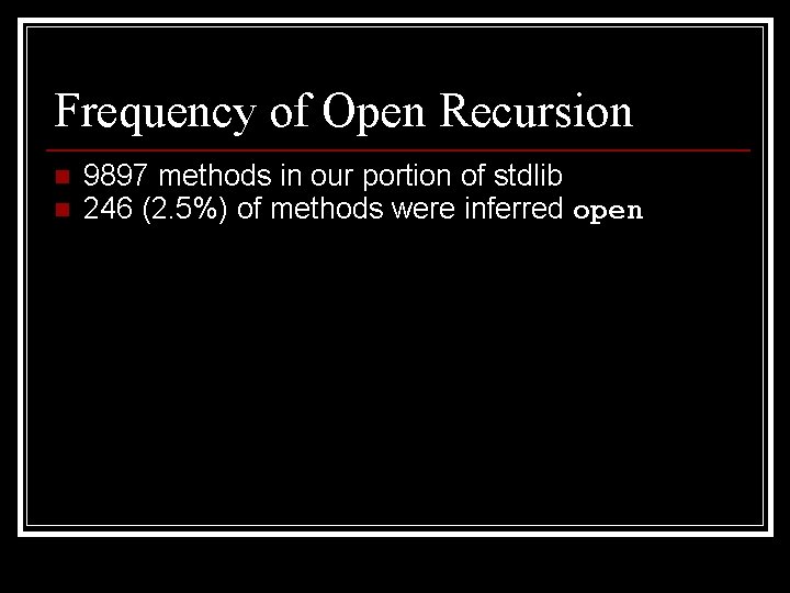 Frequency of Open Recursion n n 9897 methods in our portion of stdlib 246