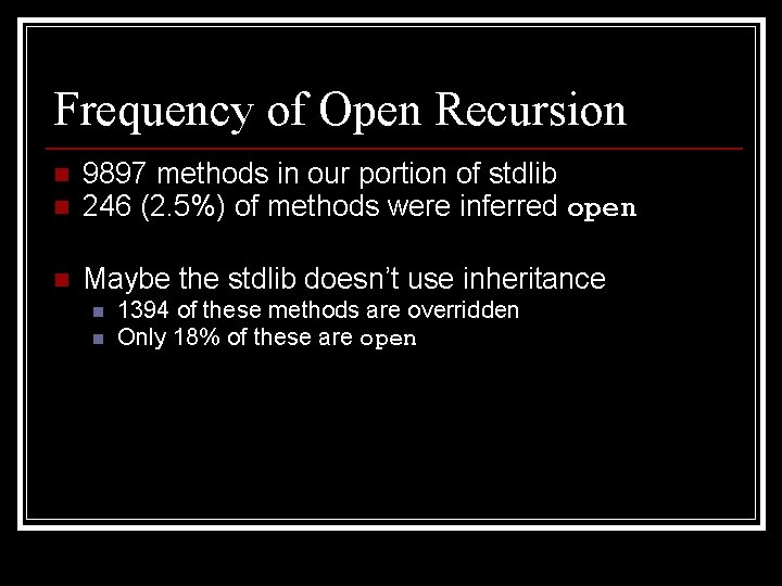 Frequency of Open Recursion n n 9897 methods in our portion of stdlib 246