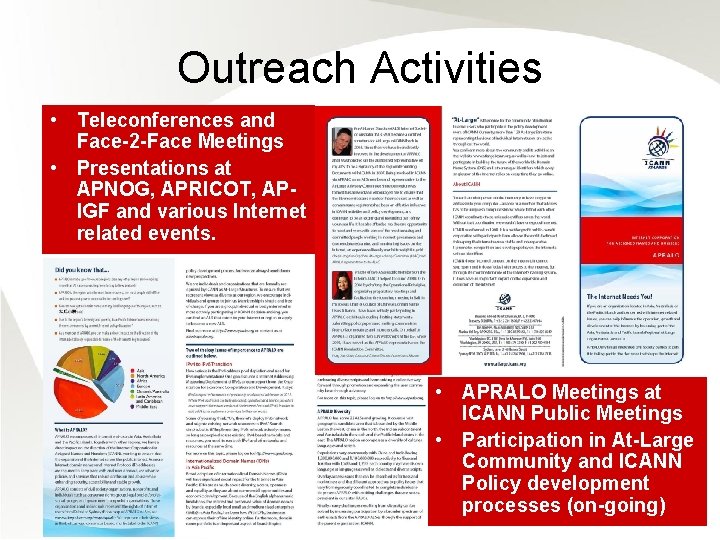 Outreach Activities • Teleconferences and Face-2 -Face Meetings • Presentations at APNOG, APRICOT, APIGF