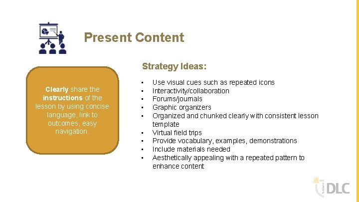 Present Content Strategy Ideas: Clearly share the instructions of the lesson by using concise