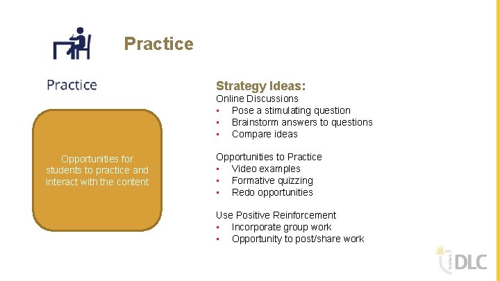 Practice Strategy Ideas: Online Discussions ▪ Pose a stimulating question ▪ Brainstorm answers to